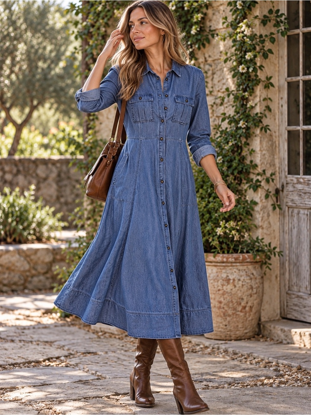LOFT Chambray Seamed Midi Pocket Shirtdress Size 6 Petite Blue Long Sleeve Dress